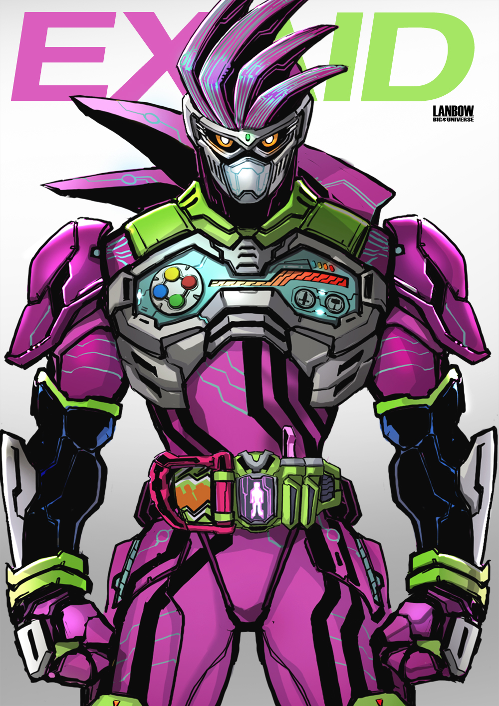 1boy clenched_hands commentary_request controller rider_belt game_controller gamepad gamer_driver highres holster kamen_rider kamen_rider_ex-aid kamen_rider_ex-aid_(series) lanbow2000 looking_at_viewer male_focus mighty_action_x_level_2 rider_belt rider_gashat simple_background solo tokusatsu white_background