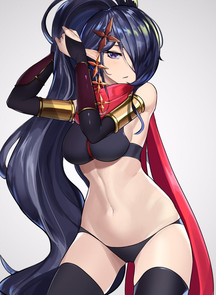 1girl alternate_costume arm_guards armor armpit_crease armpits black_gloves blue_eyes blue_hair breasts elbow_gloves expressionless fingerless_gloves gloves hair_ornament hair_over_one_eye hair_rings hair_tie long_hair looking_at_viewer medium_breasts navel original pointy_ears red_scarf scarf shadow_dancer_(dungeon_and_fighter) shiny_skin shuriken sideboob solo thief_(dungeon_and_fighter) thighhighs underwear underwear_only very_long_hair weapon zipper