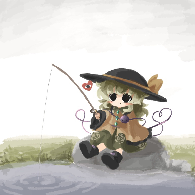 1girl black_eyes black_footwear black_hat bow buttons collared_shirt diamond_button eyeball fishing fishing_rod floral_print frilled_shirt_collar frilled_sleeves frills grass green_hair green_skirt hat hat_bow hat_ribbon heart heripantomorrow holding holding_fishing_rod koishi_komeiji&#039;s_heart-throbbing_adventure komeiji_koishi long_sleeves medium_hair ribbon rose_print shirt skirt third_eye touhou water wide_sleeves yellow_bow yellow_ribbon yellow_shirt