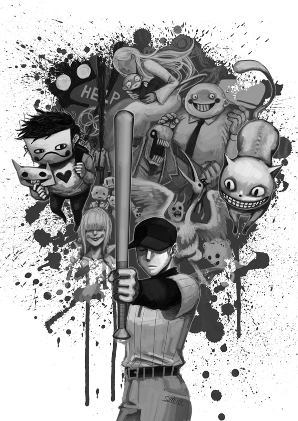 2girls 6+boys add-on_(off) artist_name baby backpack bag baseball_bat baseball_cap baseball_uniform belt bird black_hair black_headwear blush_stickers burnt_(off) carrying carrying_baby carrying_person cat closed_eyes commentary_request elsen_(off) ghost greyscale hat heart holding long_hair mask monochrome multiple_boys multiple_girls necktie off_(game) outstretched_arm pants shirt smile splatter sportswear sucre_(off) sumio_(mas_maru) tagme the_judge_(off) whale white_background white_shirt zacharie_(off)
