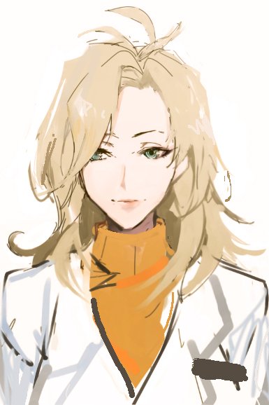 1girl ahoge bad_id bad_twitter_id blonde_hair closed_mouth female_focus green_eyes lab_coat light_smile looking_at_viewer mercy_(overwatch) messy_hair naye orange_shirt overwatch overwatch_1 shirt simple_background solo sweater turtleneck white_background