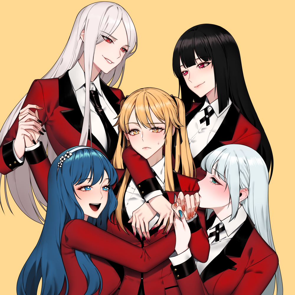 5girls black_hair black_nails blue_eyes blue_hair blue_nails blush female_focus from_side grey_hair hanatemari_tsuzura hand_around_neck harem headband hyakkaou_academy_school_uniform jabami_yumeko juraku_sachiko kakegurui kakegurui_twin kiss kissing_hand kuuky matching_hair/eyes momobami_ririka multiple_girls nail_polish open_mouth red_eyes saotome_mary school_uniform smile sweatdrop twintails yellow_background yellow_eyes yuri