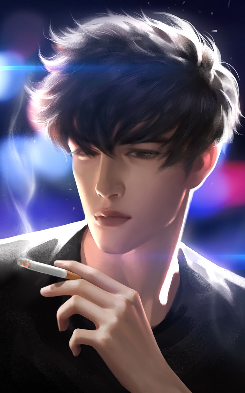 1boy asian between_fingers black_hair black_shirt blurry blurry_background brown_eyes chinese_commentary cigarette cityscape closed_mouth commentary_request expressionless eyelashes fingernails hair_between_eyes highres holding holding_cigarette looking_to_the_side male_focus messy_hair night outdoors pink_lips realistic shirt short_hair smoke smoking solo t-shirt thick_eyebrows thick_thighs thighs tun_hai upper_body wu_yu ye_dian_pikaqiu