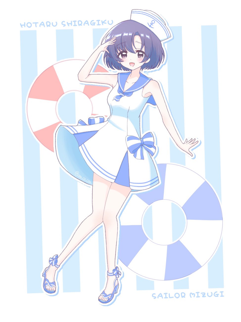 1girl :d ankle_ribbon armpits bare_shoulders black_hair blue_neckerchief blue_sailor_collar blue_sandals blush bow breasts character_name coa_co_coa collarbone dixie_cup_hat dot_nose forehead full_body hand_up hat high_heel_sandals highres idolmaster idolmaster_cinderella_girls idolmaster_cinderella_girls_starlight_stage leg_ribbon looking_at_viewer military_hat neckerchief one-piece_swimsuit open_hands open_mouth outline parted_bangs purple_eyes ribbon sailor_collar sailor_one-piece_swimsuit sandals shiragiku_hotaru short_hair sleeveless small_breasts smile solo striped_innertube swimsuit white_hat white_one-piece_swimsuit white_outline