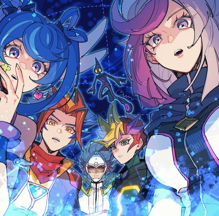 ai_(yu-gi-oh!) bessho_emma bodysuit breasts fujiki_yusaku ghost_girl_(yu-gi-oh!_vrains) grey_hair homura_takeru kogami_ryoken large_breasts looking_at_viewer mask mouth_mask multicolored_hair open_mouth playmaker_(yu-gi-oh!) purple_eyes purple_hair revolver_(yu-gi-oh!) soulburner two-tone_hair yu-gi-oh! yu-gi-oh!_duel_links yu-gi-oh!_vrains zaizen_aoi