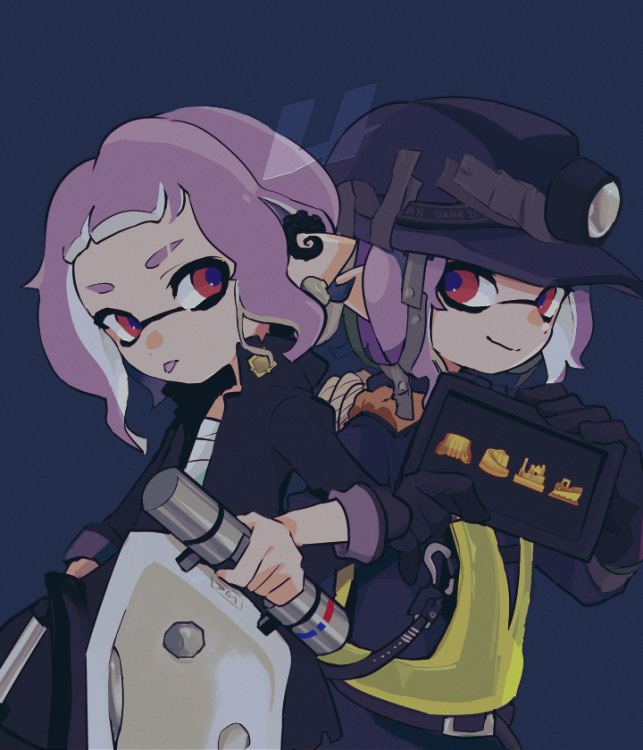 2girls black_coat black_gloves black_helmet black_jumpsuit bloblobber_(splatoon) blue_background blue_pupils chest_sarashi coat colored_tongue commentary duct_tape earrings eyebrow_cut film_grain gloves helmet high-visibility_clothing high-visibility_vest imaikuy0 inkling inkling_girl inkling_player_character jewelry jumpsuit mining_helmet multiple_girls nintendo pointy_ears purple_hair purple_tongue red_eyes sarashi short_hair smile splatoon_(series) symbol-only_commentary tentacle_hair tongue tongue_out