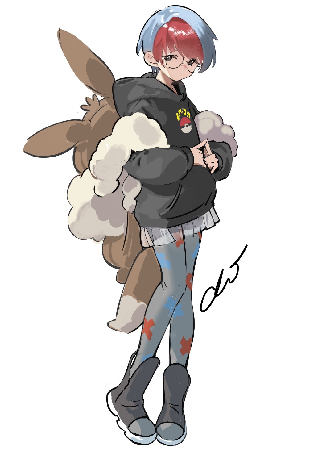 1girl animal_bag black_hoodie blue_hair boots eevee full_body gen_1_pokemon glasses grey_eyes highres hood hood_down hoodie multicolored_hair nintendo pantyhose pantyhose_under_shorts penny_(pokemon) pokemon pokemon_sv print_pantyhose red_hair round_eyewear see-through_clothes see-through_skirt short_hair short_shorts shorts skirt solo two-tone_hair xiao_chichi