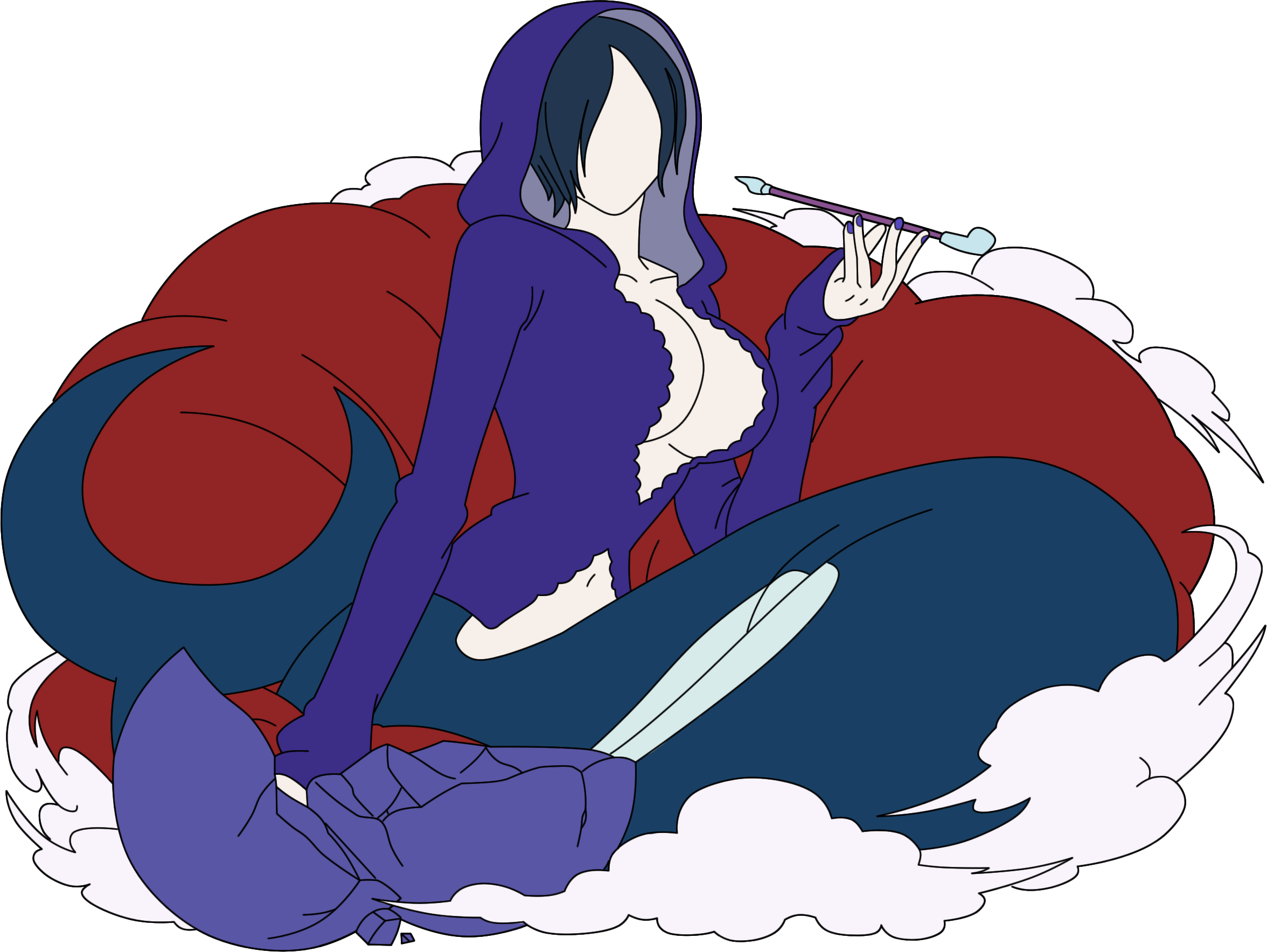 1girl black_hair breasts cleavage crystal_ball faceless female_focus highres hood madame_shirley mermaid monster_girl one_piece one_piece:_treasure_cruise red_upholstery short_hair sitting smoking_pipe solo