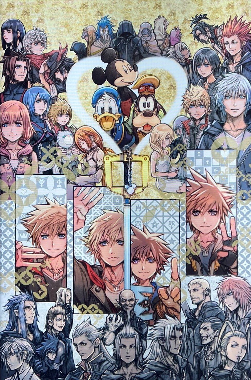aced_(kingdom_hearts) age_progression ansem_seeker_of_darkness aqua_(kingdom_hearts) ava_(kingdom_hearts) axel_(kingdom_hearts) brain_(kingdom_hearts) broken_mask chirithy demyx donald_duck ephemer_(kingdom_hearts) eraqus everyone evil_smile fingerless_gloves gloves goofy gula_(kingdom_hearts) highres hood ienzo invi_(kingdom_hearts) ira_(kingdom_hearts) jewelry kairi_(kingdom_hearts) keyblade kingdom_hearts kingdom_hearts_358/2_days kingdom_hearts_birth_by_sleep kingdom_hearts_dark_road kingdom_hearts_i kingdom_hearts_ii kingdom_hearts_iii kingdom_hearts_iv kingdom_hearts_x kingdom_hearts_x_back_cover kingdom_key larxene looking_at_viewer luxord luxu_(kingdom_hearts) marluxia mask master_of_masters master_xehanort mickey_mouse multiple_persona necklace nomura_tetsuya official_art organization_xiii photo_(medium) rikku_(ff10) riku_replica roxas saix skuld_(kingdom_hearts) smile spiked_hair strelitzia_(kingdom_hearts) terra_(kingdom_hearts) third-party_source vanitas_(kingdom_hearts) ventus_(kingdom_hearts) vexen xehanort xemnas xigbar xion_(kingdom_hearts)