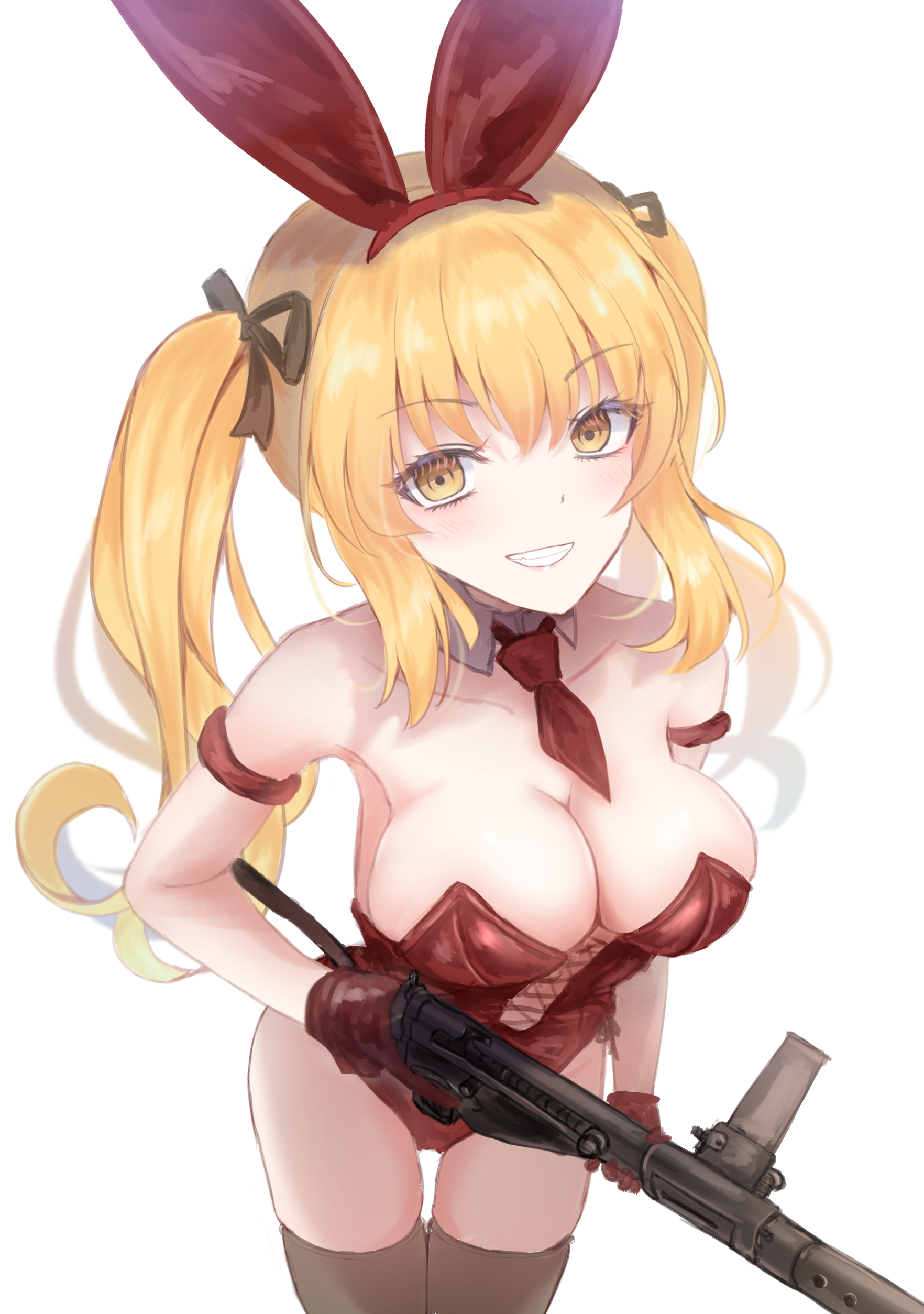 1girl absurdres animal_ears blonde_hair breasts commentary detached_collar fake_animal_ears girls'_frontline gloves grin gun highres holding holding_gun holding_weapon large_breasts leotard long_hair looking_at_viewer looking_up martinreaction necktie playboy_bunny rabbit_ears red_gloves red_leotard red_necktie simple_background smile solo sten_gun sten_mkii_(girls'_frontline) strapless strapless_leotard submachine_gun twintails weapon white_background yellow_eyes