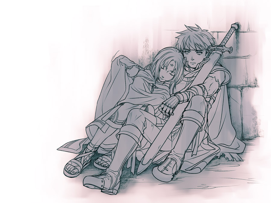 2boys against_wall armor bandages bandana black_hair boots cape facial_mark fingerless_gloves fire_emblem fire_emblem:_path_of_radiance frown full_body gloves ike_(fire_emblem) kobashi_(hodohodo) leaning_on_person leaning_to_the_side long_hair monochrome multiple_boys nintendo pauldrons ragnell sandals sheath sheathed short_hair shoulder_armor shoulder_rest side-by-side sitting sleeping sleeping_on_person soren_(fire_emblem) sword torn_clothes torn_sleeves weapon yaoi