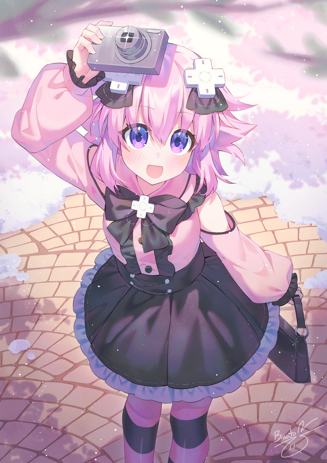 1girl arm_up binato_lulu black_bag black_bow black_bowtie black_skirt black_thighhighs bow bowtie camera center_frills cherry_blossoms choujigen_game_neptune clothing_cutout commentary d-pad d-pad_hair_ornament english_commentary fanged_bangs frills glint hair_between_eyes hair_ornament hair_ribbon high-waist_skirt highres holding holding_camera jirai_kei light_particles long_sleeves medium_hair neptune_(neptunia) neptune_(series) open_mouth outdoors pink_hair pink_shirt pink_thighhighs purple_ribbon ribbon shirt shoulder_cutout signature skirt smile solo striped_clothes striped_thighhighs thighhighs two-tone_thighhighs