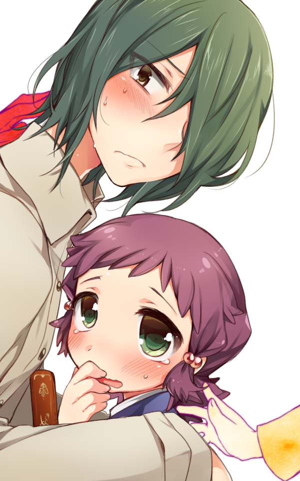 10s 2boys 2girls aquarion_(series) aquarion_evol aquarion_logos blush gloves green_eyes green_hair hair_ornament hoshihuri jin_musou kawazu_yuno multiple_boys multiple_girls purple_hair short_hair simple_background tsukishima_shin yunoha_thrul