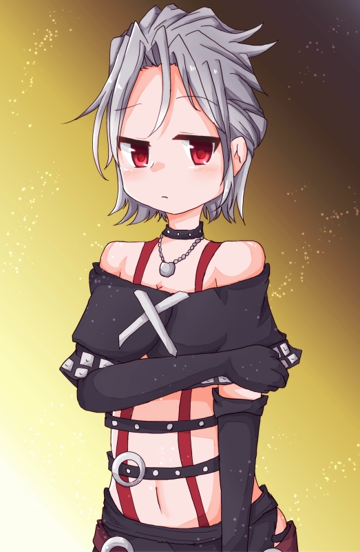 00s 1girl artist_request bare_shoulders choker elbow_gloves female_focus final_fantasy final_fantasy_x final_fantasy_x-2 gloves grey_hair jewelry navel necklace paine red_eyes solo standing