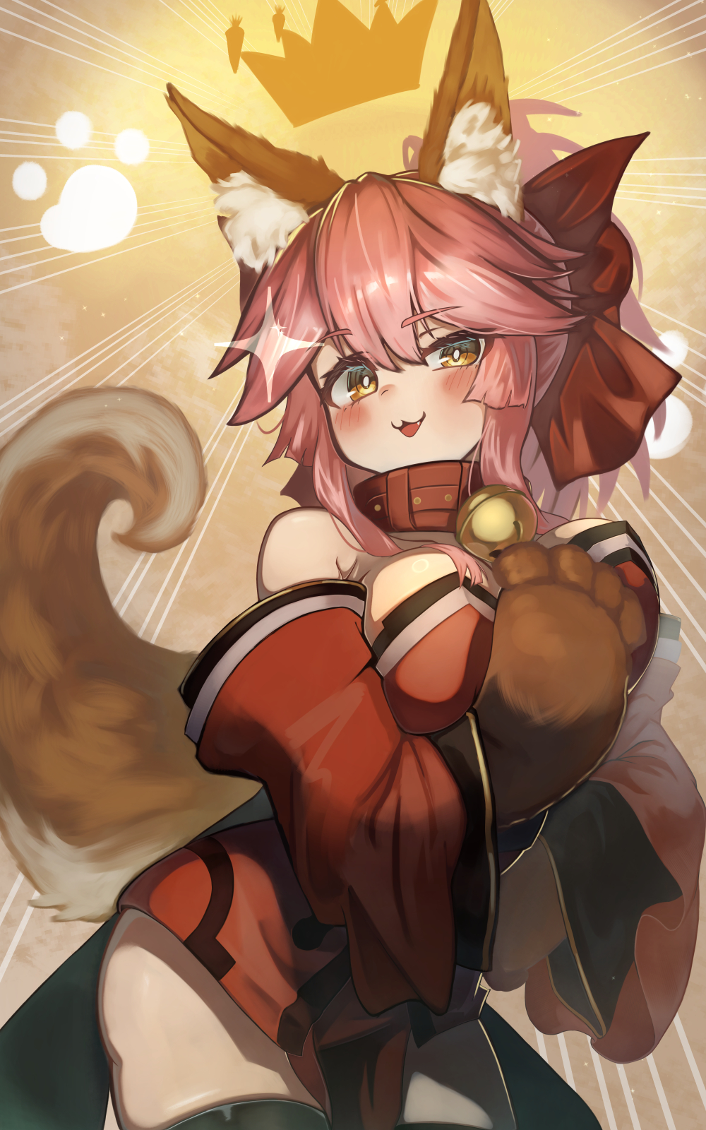 1girl animal_ear_fluff animal_ears animal_hands arm_between_breasts bell between_breasts black_thighhighs breasts brown_background collar commentary_request cowboy_shot crown detached_sleeves emphasis_lines fang fate/grand_order fate_(series) fox_ears fox_girl fox_tail glint gloves hair_between_eyes hair_ribbon highres japanese_clothes kimono looking_at_viewer motivation_(user_kace3282) neck_bell open_mouth paw_gloves pink_hair red_collar red_kimono red_ribbon red_sleeves ribbon simple_background smile solo tail tamamo_(fate) tamamo_cat_(fate) tamamo_cat_(first_ascension)_(fate) thighhighs yellow_eyes