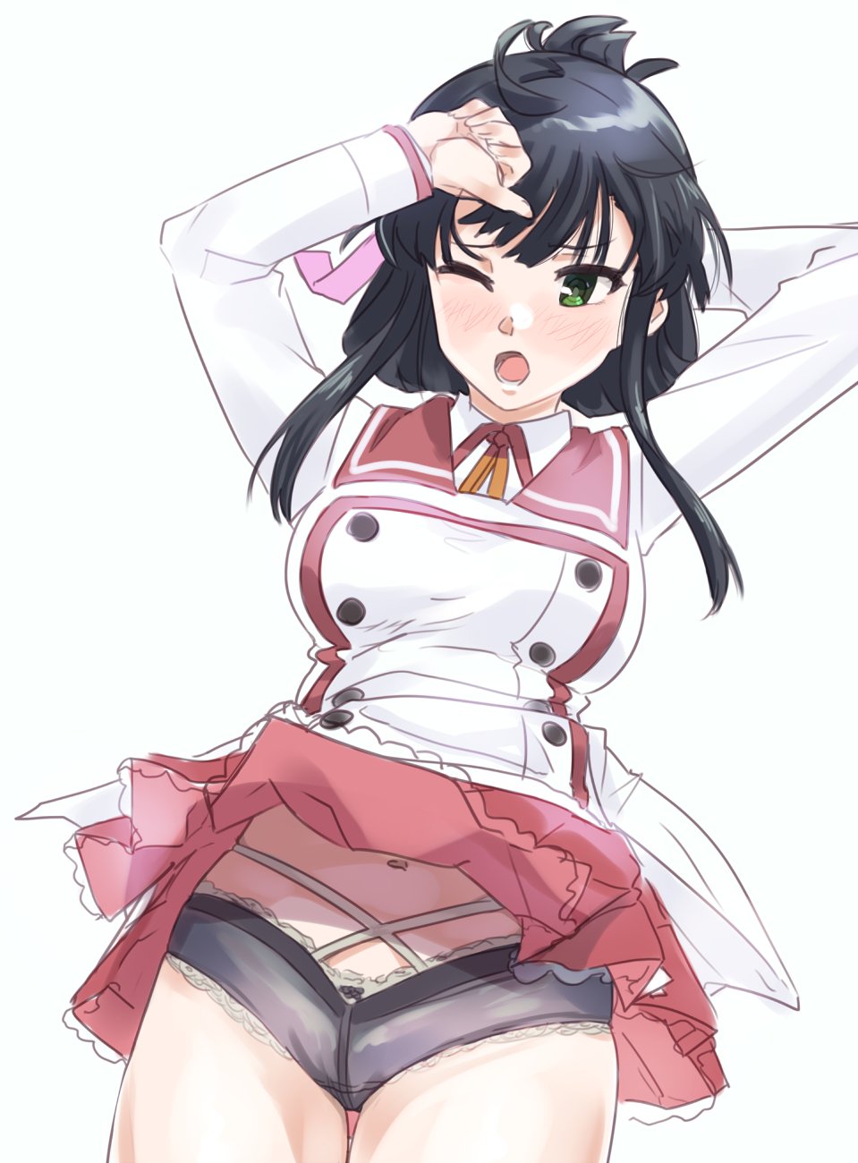 1girl arm_behind_head black_hair black_panties blush breasts clothes_lift collared_shirt commentary_request cowboy_shot cross-laced_clothes cross-laced_panties folded_ponytail green_eyes highres large_breasts long_sleeves looking_at_viewer mashitono_desu miniskirt minoseki_gakuin_uniform navel neck_ribbon one_eye_closed open_mouth orange_ribbon panties pleated_skirt red_sailor_collar red_skirt ribbon sailor_collar school_uniform shirt sidelocks simple_background skirt skirt_lift solo standing toji_no_miko underwear white_background white_shirt wind wind_lift winter_uniform yanase_mai