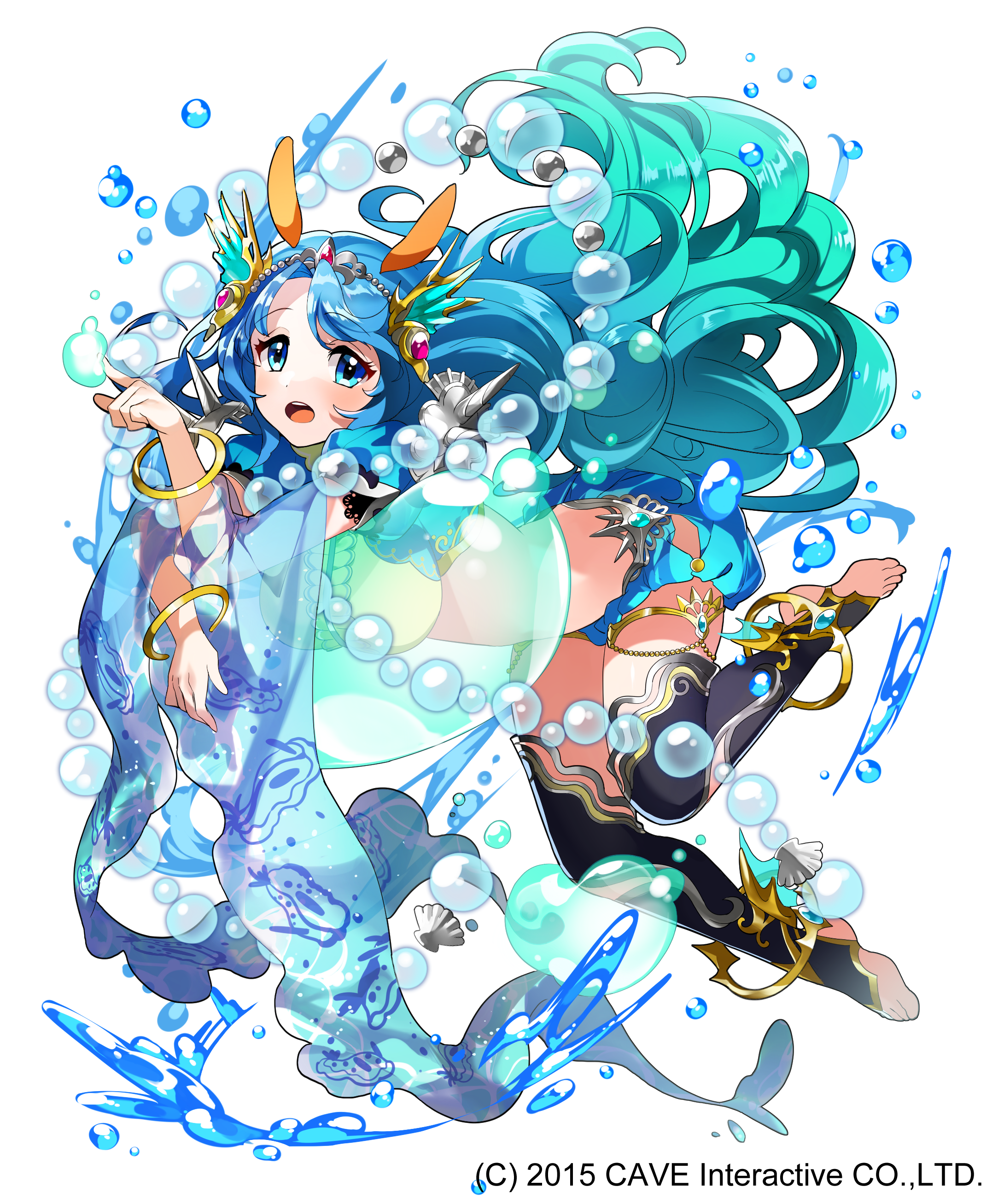 1girl :o absurdly_long_hair absurdres air_bubble anklet bangle blue_eyes blue_footwear blue_hair blue_legwear bracelet bubble coral_hair_ornament female_focus gothic_wa_mahou_otome gradient_hair hand_up highres jewelry long_hair looking_at_viewer masyu_yuyu midriff multicolored_hair official_art seashell see-through_clothes shell silk solo very_long_hair watermark