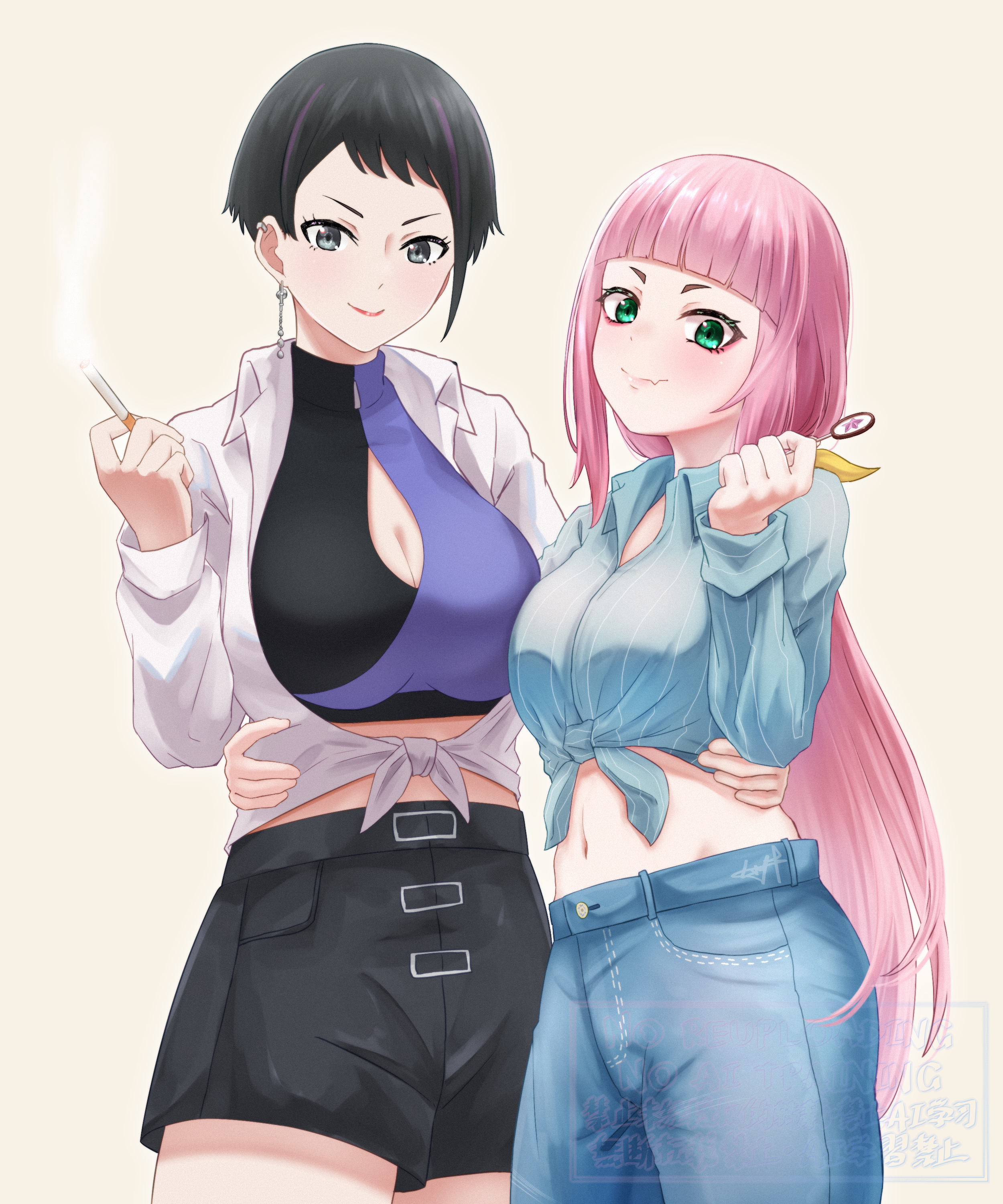 2girls absurdres black_eyes black_hair black_shorts blue_pants blue_shirt breasts candy cigarette cleavage closed_mouth collared_shirt commentary ear_piercing earrings fang food green_eyes hair_down highres holding holding_candy holding_cigarette holding_food holding_lollipop jewelry koharu_(yoru_no_kurage_wa_oyogenai) large_breasts lollipop long_hair midriff multicolored_hair multiple_girls mutsuki_(mutsuki0110) navel pants piercing pink_hair purple_hair shirt short_hair shorts skin_fang streaked_hair symbol-only_commentary tied_shirt watase_kiui yoru_no_kurage_wa_oyogenai