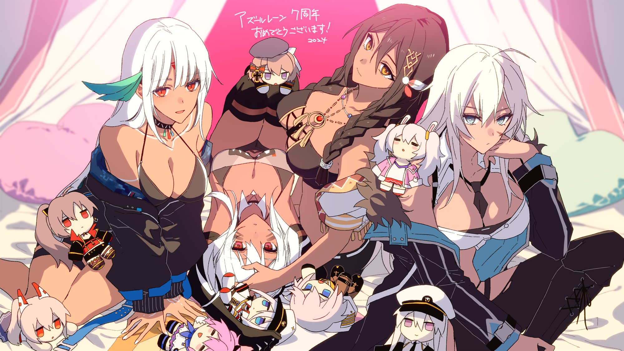 4girls alabama_(azur_lane) amazuki_jou animal_ears ayanami_(azur_lane) azur_lane beret between_breasts black_footwear black_hat black_jacket black_necktie black_thighhighs boots braid breasts brown_hair chibi cleavage closed_eyes commentary_request curtains dark-skinned_female dark_skin enterprise_(azur_lane) green_eyes hand_on_own_cheek hand_on_own_face hat heart heart-shaped_pillow highres indiana_(azur_lane) jacket javelin_(azur_lane) jean_bart_(azur_lane) jewelry laffey_(azur_lane) large_breasts long_hair long_sleeves looking_at_viewer lying massachusetts_(azur_lane) multiple_girls native_american necklace necktie necktie_between_breasts off_shoulder open_clothes open_jacket pillow pink_hair purple_eyes rabbit_ears rabbit_girl red_eyes sitting south_dakota_(azur_lane) thighhighs tirpitz_(azur_lane) twin_braids washington_(azur_lane) white_hair white_hat z23_(azur_lane)