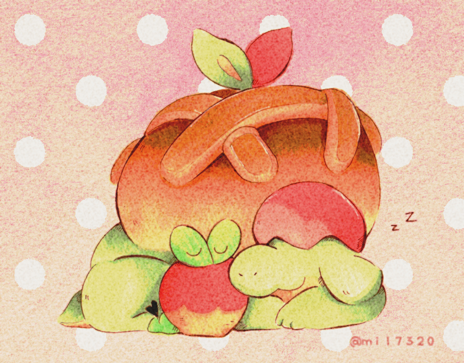 apple appletun applin closed_eyes commentary_request covered_eyes evolutionary_line food fruit gen_8_pokemon mian_(user_kwcj2833) nintendo no_humans pokemon pokemon_(creature) pokemon_focus polka_dot polka_dot_background sleeping zzz