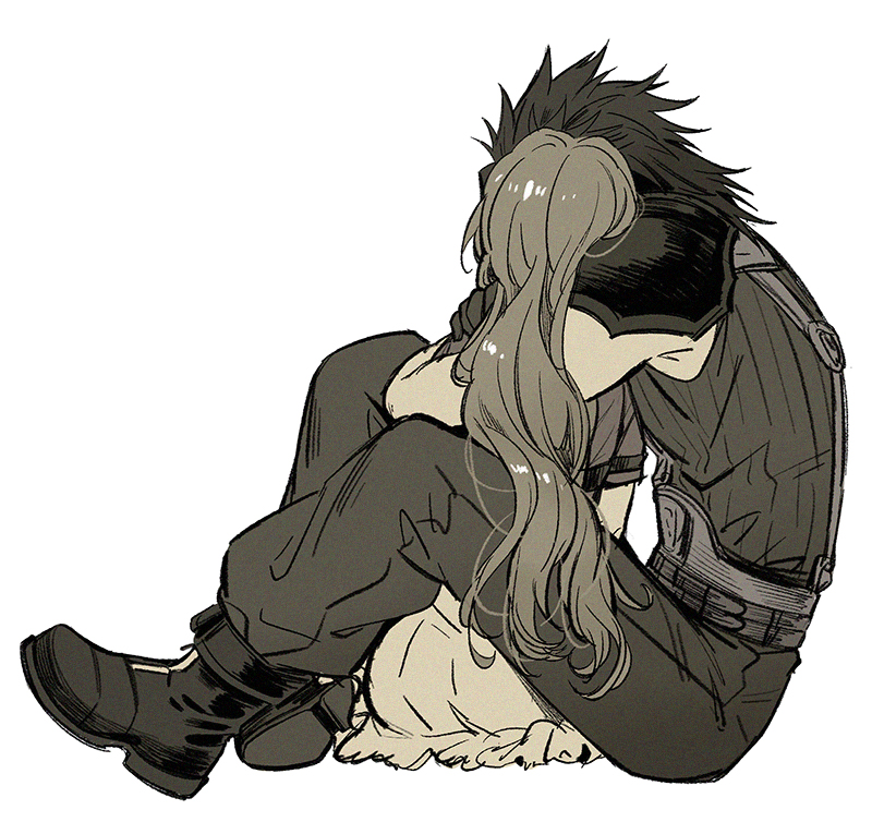 1boy 1girl aerith_gainsborough armor baggy_pants black_footwear black_gloves black_hair boots couple dress final_fantasy final_fantasy_vii final_fantasy_vii_rebirth final_fantasy_vii_remake from_behind from_side full_body gloves grey_theme hug hug_from_behind huosheanng jacket knees_up long_hair on_lap pants ribbed_sweater short_hair shoulder_armor sitting sleeveless sleeveless_turtleneck spiked_hair suspenders sweater turtleneck turtleneck_sweater wavy_hair white_background zack_fair