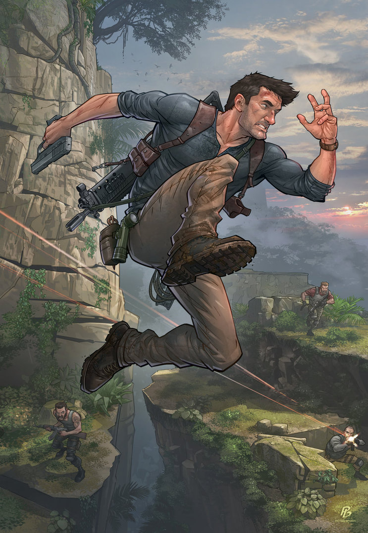 4boys battle blood dirty epic firing gun jumping male_focus mountain multiple_boys nathan_drake naughty_dog patrick_brown sky tree uncharted weapon