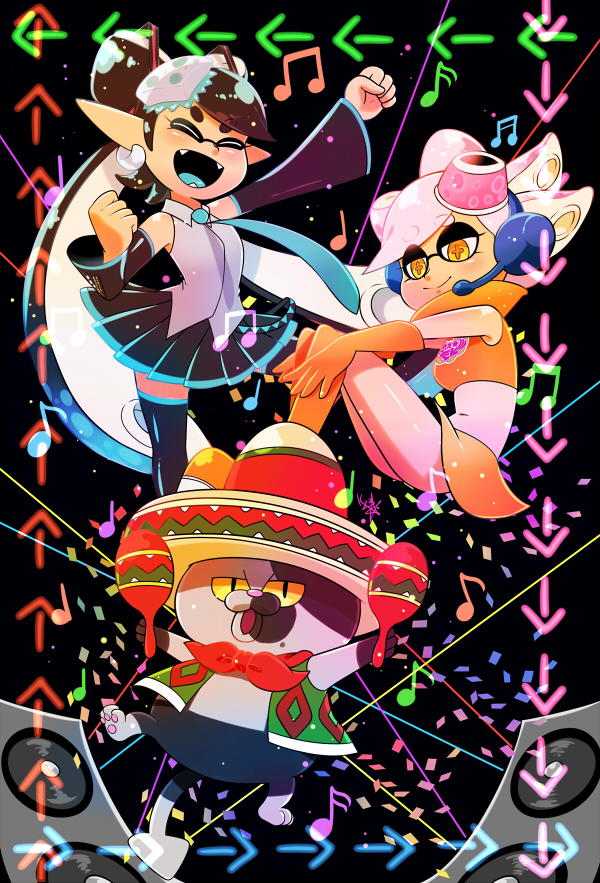 +_+ 2girls amigo amigo_(cosplay) amplifier arrow_(projectile) beamed_quavers black_hair callie_(splatoon) cat confetti cosplay detached_sleeves earrings fangs food gloves hat hatsune_miku hatsune_miku_(cosplay) inkling instrument jewelry judd_(splatoon) kitsune23star long_hair maracas marie_(splatoon) midriff mole mole_under_eye multiple_girls musical_note navel necktie nintendo object_on_head open_mouth pleated_skirt pointy_ears quaver samba_de_amigo sega silver_hair skirt smile sombrero space_channel_5 splatoon_(series) splatoon_1 tentacle_hair ulala ulala_(cosplay) vocaloid