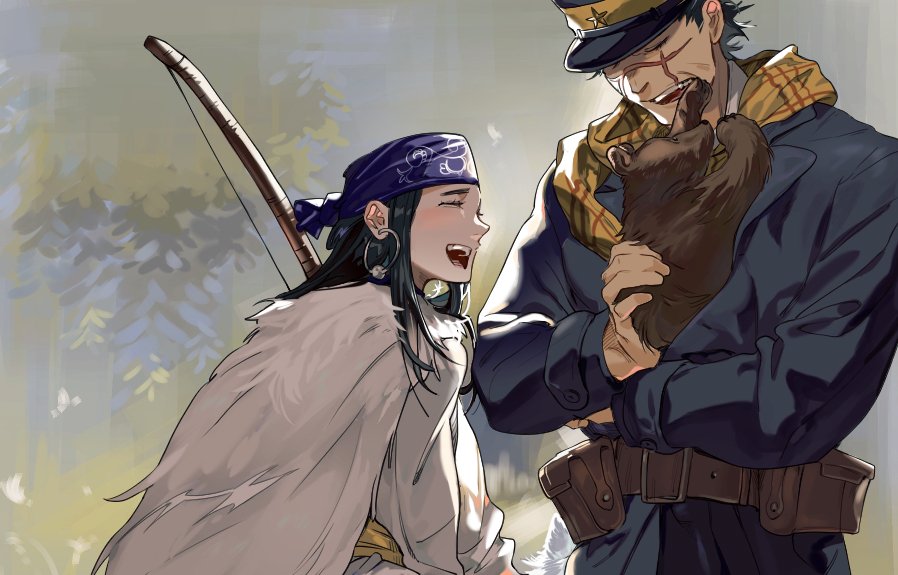 ainu ainu_clothes animal arisaka asirpa bandana bear blue_bandana blurry blurry_background bolt_action buzz_cut cape cloak closed_eyes commentary_request earrings facial_scar fur_cape fur_cloak golden_kamuy gun hat holding holding_animal hoop_earrings jewelry kepi laughing luke_skyfaller military_hat rifle scar scar_on_cheek scar_on_face scar_on_mouth scar_on_nose scarf short_hair sugimoto_saichi two-tone_headwear very_short_hair weapon yellow_scarf