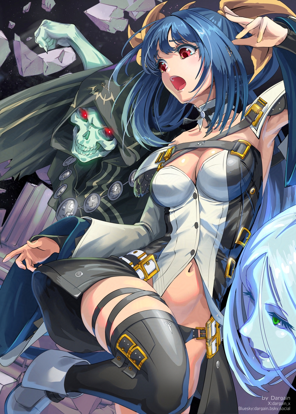 1girl angel_wings asymmetrical_wings blue_hair boots breasts cleavage commentary_request dargain_x debris detached_collar dizzy_(guilty_gear) guilty_gear hair_ribbon hair_rings high_heel_boots high_heels highres large_breasts leg_up monster_girl navel necro_(guilty_gear) open_mouth red_eyes ribbon sidelocks skull thighhighs undine_(guilty_gear) wings yellow_ribbon