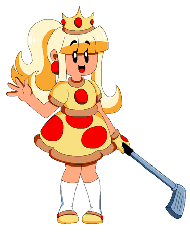 1girl black_eyes blonde_hair crown flat_chest gloves golf golf_club happy lowres original personification pizza_princess_(tinytoxicwaste101) pizza_tower ponytail princess smile tiara tinytoxicwaste101 toon_(style) transparent_background yellow_gloves