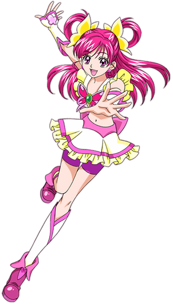 1girl bug butterfly butterfly_hair_ornament cure_dream double_bun dress frilled_dress frills hair_bun hair_ornament happy insect kawamura_toshie long_hair magical_girl midriff navel non-web_source open_mouth pink_hair precure purple_eyes solo stomach third-party_edit third-party_extraction yellow_butterfly yes!_precure_5 yumehara_nozomi