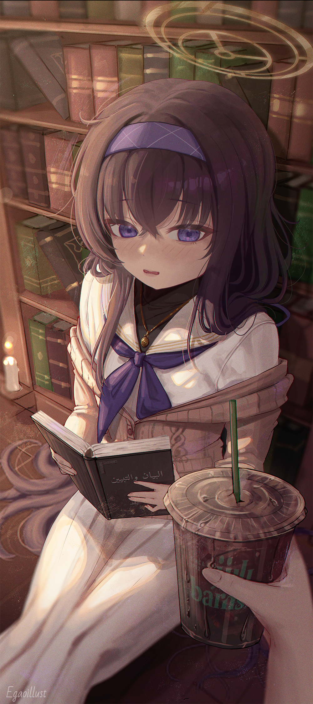 1girl 1other black_hair black_shirt blue_archive blue_neckerchief blush book bookshelf brown_cardigan cardigan closed_mouth coffee crossed_bangs cup disposable_coffee_cup disposable_cup drink gold_necklace hair_between_eyes hairband highres holding holding_book holding_drink jewelry library long_hair looking_at_viewer neckerchief necklace on_floor pov purple_eyes purple_hairband reading samlooop shirt sidelocks sitting skirt striped_clothes striped_skirt ui_(blue_archive) vertical-striped_clothes vertical-striped_skirt white_shirt white_skirt