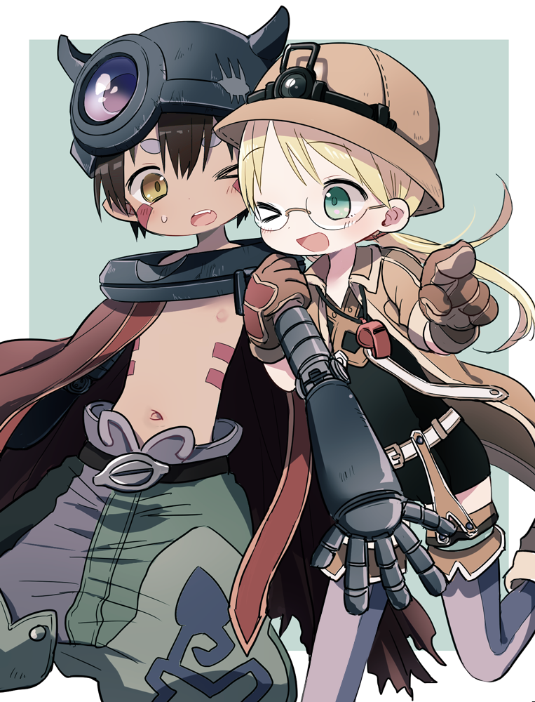 1boy 1girl 50yen_(gojiue) ;d arm_hug blonde_hair brown_eyes brown_gloves brown_hair cape dark-skinned_male dark_skin glasses gloves green_eyes hat helmet made_in_abyss one_eye_closed open_mouth pointing pointy_ears reg_(made_in_abyss) riko_(made_in_abyss) shorts smile standing standing_on_one_leg topless_male whistle