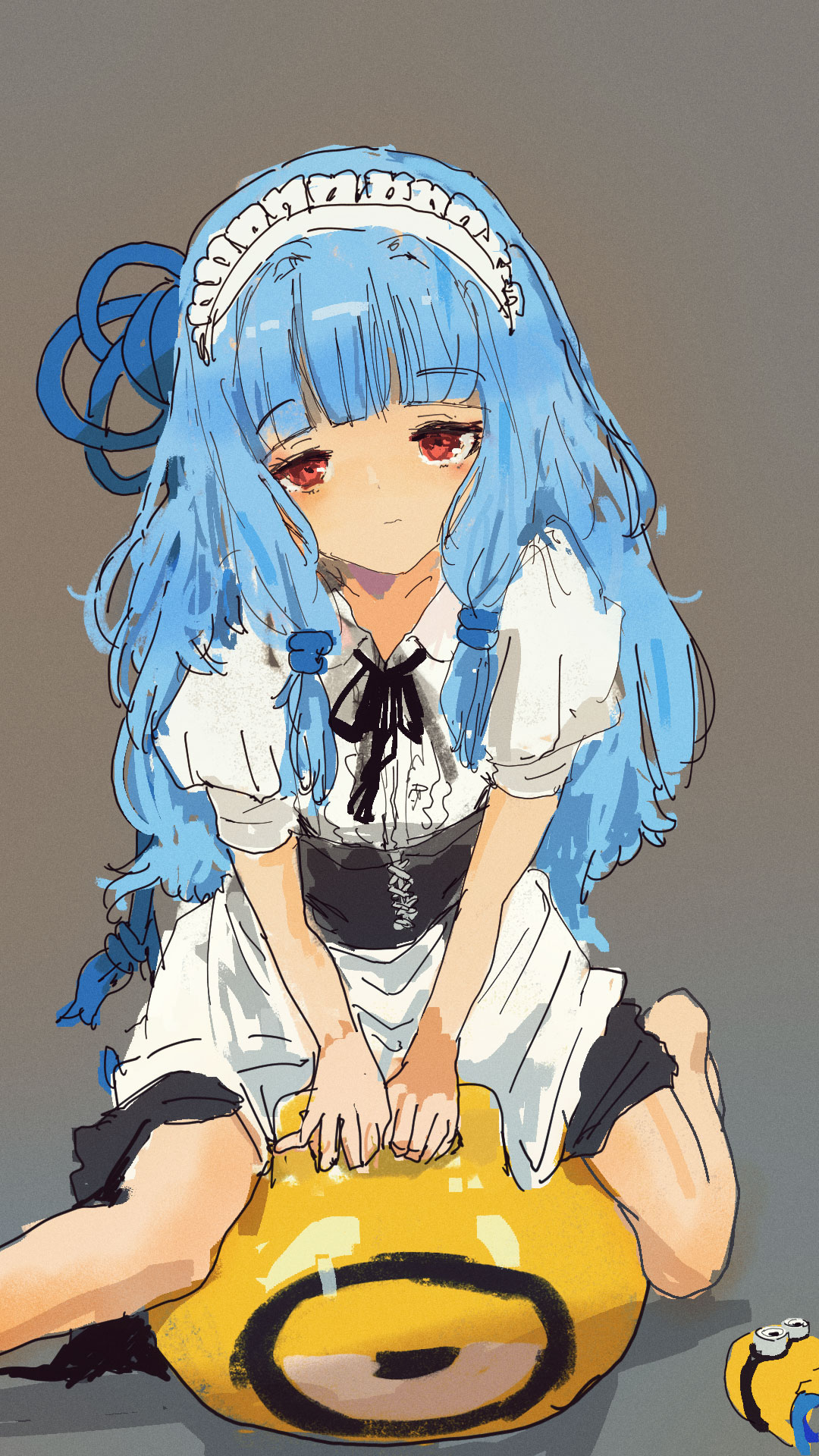 1girl alternate_costume apron barefoot black_ribbon black_skirt blue_hair blue_ribbon center_frills character_doll closed_mouth commentary_request corset despicable_me doll enmaided foot_out_of_frame frills grey_background hair_ribbon half-closed_eyes highres kabuyama_kaigi kotonoha_aoi leaning_forward light_frown long_hair looking_at_viewer low-tied_sidelocks maid maid_headdress minion_(despicable_me) neck_ribbon puffy_short_sleeves puffy_sleeves red_eyes ribbon shirt short_sleeves sidelocks simple_background sitting sitting_on_ball skirt smile solo v_arms voiceroid waist_apron white_apron white_shirt