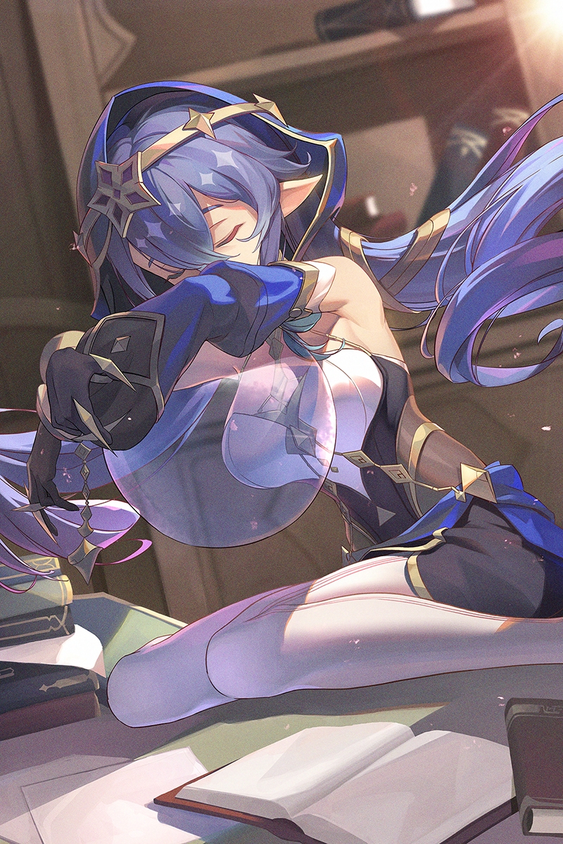 1girl bare_shoulders blue_hair book breasts closed_eyes detached_sleeves dress genshin_impact halterneck highres hood indoors juliet_sleeves layla_(genshin_impact) long_hair long_sleeves medium_breasts nooo pantyhose pointy_ears puffy_sleeves sitting sleeveless sleeveless_dress solo very_long_hair wariza white_pantyhose