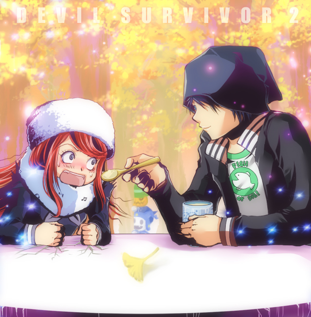 10s 1boy 1girl ban_airi beanie blue_eyes blue_hair blush clenched_hand clenched_hands crack demon_(megami_tensei) devil_survivor_(series) devil_survivor_2 fang feeding ginkgo_leaf hair_over_one_eye hat jack_frost_(megami_tensei) jacket leaf musical_note peeking pyro_jack red_hair scarf school_uniform serafuku shouting smile sparkle spoon table torii_jungo track_jacket wakanu