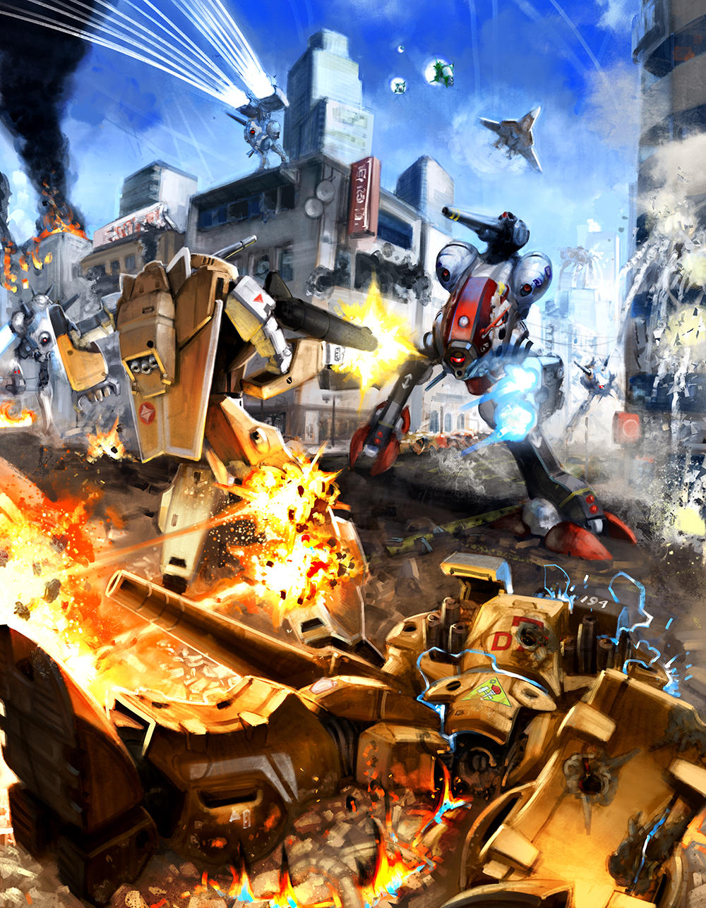 alien battle broken choujikuu_yousai_macross commentary damaged dandussault debris destroid destruction dirty emblem energy_cannon firing glaug gunpod highres macross mecha robot robotech science_fiction smoke tomahawk_destroid u.n._spacy variable_fighter vf-1 vf-1a walker_(robot) wreckage zentradi