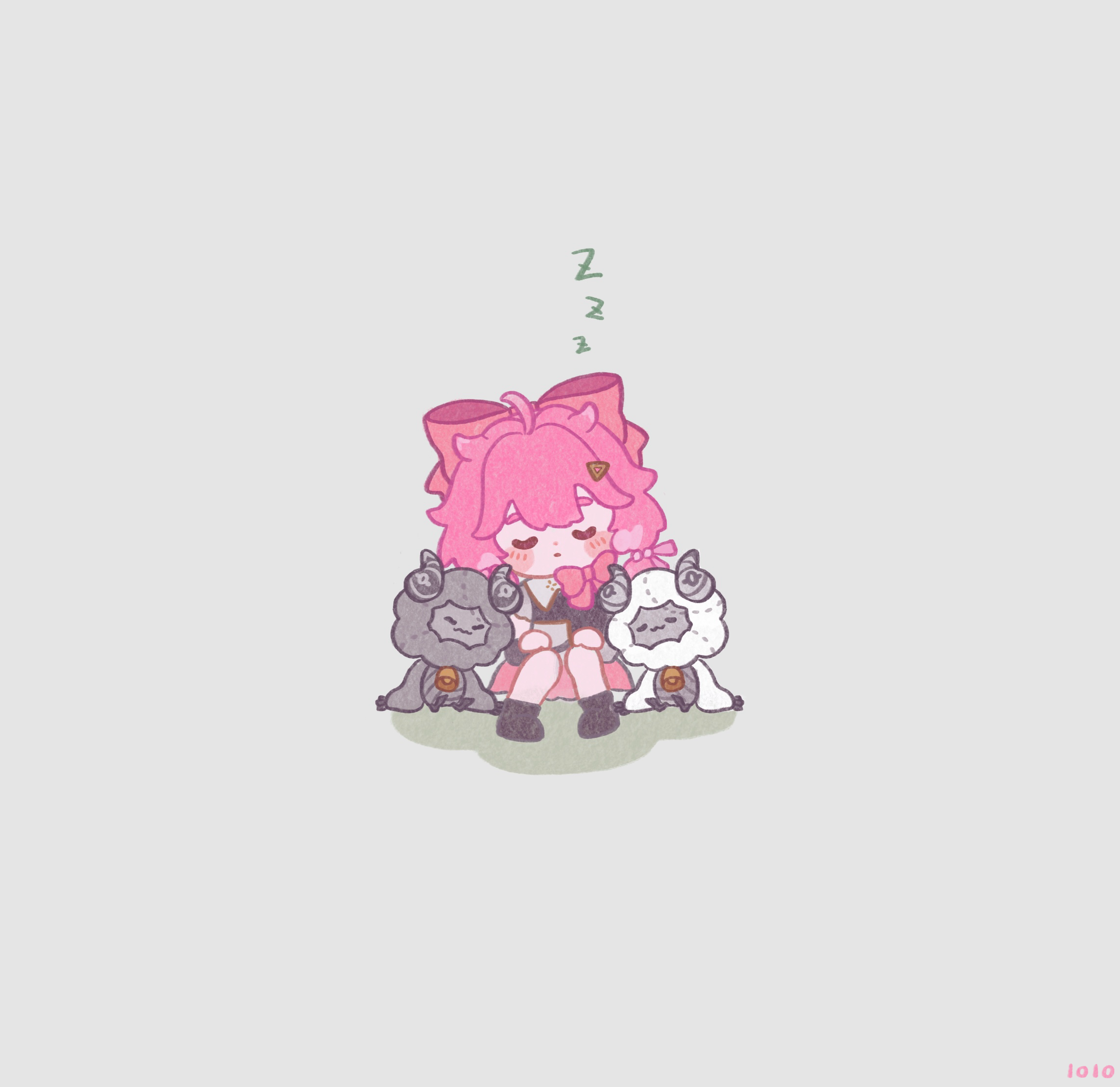 1010_(wuthering1100) 1girl artist_name bow chibi chibi_only closed_eyes cloudy_(wuthering_waves) commentary_request cosmos_(wuthering_waves) dress encore_(wuthering_waves) grey_background hair_bow hair_ornament highres knees_up long_hair pink_bow simple_background sitting sleeping solo wuthering_waves zzz