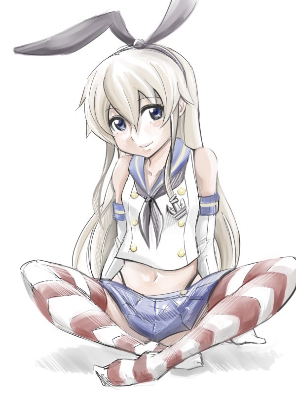 1girl anchor_hair_ornament animal_ears blonde_hair commentary_request elbow_gloves fake_animal_ears female_focus full_body gloves grey_eyes hair_between_eyes hair_ornament hairband inoue_kousei kantai_collection long_hair looking_back midriff navel neckerchief pleated_skirt rabbit_ears school_uniform serafuku shadow shimakaze_(kancolle) shirt sidelocks sitting skirt sleeveless sleeveless_shirt smile solo striped_clothes striped_thighhighs thighhighs white_background