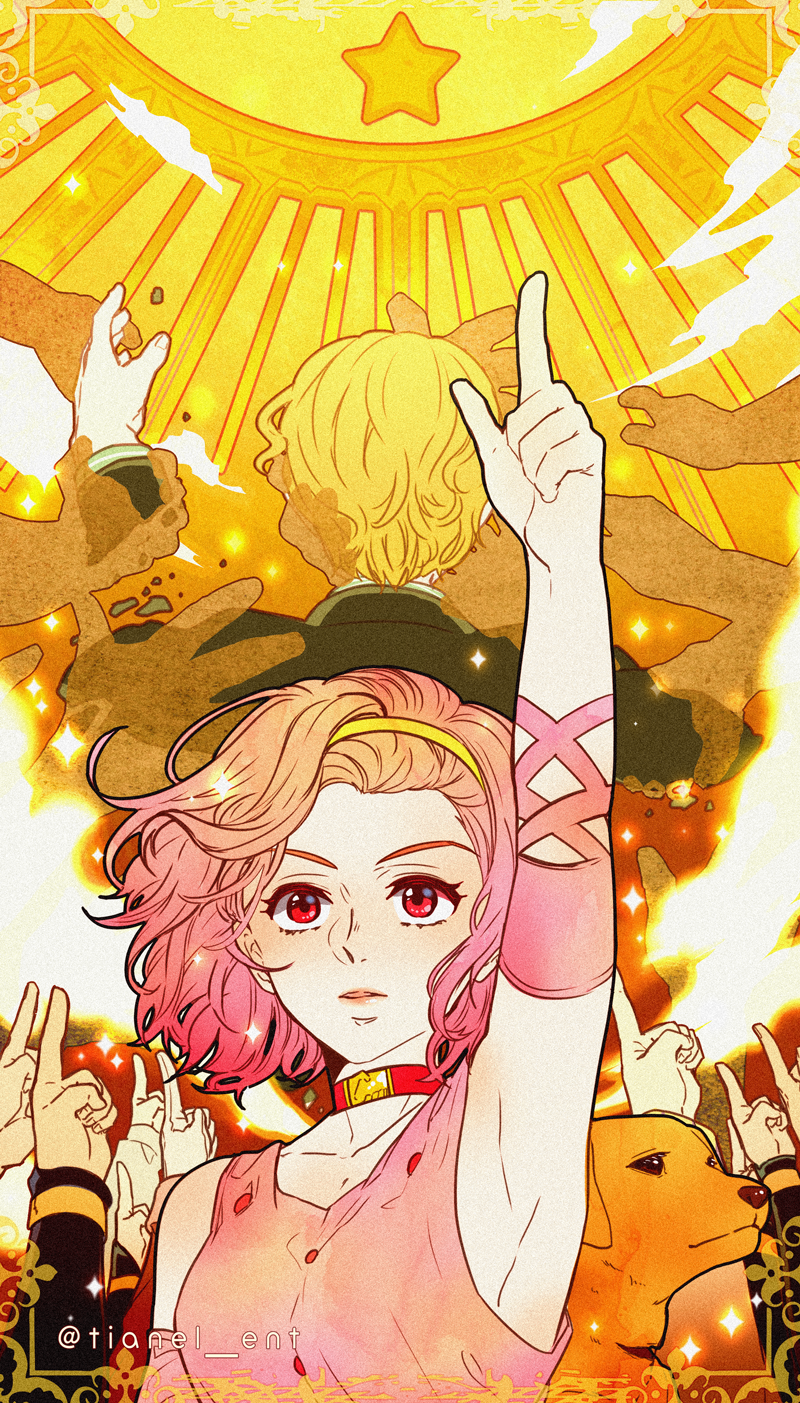 1boy 1girl arm_up armpits arnold_(jojo) blonde_hair breasts choker commentary_request diamond_wa_kudakenai dog dress framed highres jojo_no_kimyou_na_bouken kira_yoshikage korean_commentary medium_breasts pink_dress pink_hair pointing pointing_up red_choker red_eyes star_(symbol) sugimoto_reimi tianel_ent twitter_username