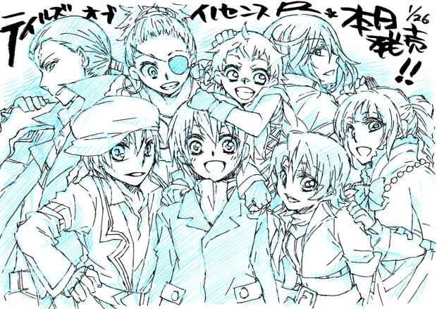 4boys 4girls alfa_system ange_serena belt blue_theme book breasts capelet coat eyepatch fingerless_gloves frills gloves gun hat hermana_larmo iria_animi jewelry kongwai_tao long_hair midriff monochrome multiple_boys multiple_girls navel necklace open_mouth qq_selesneva ribbon ricardo_soldato rifle ruca_milda scar scarf short_hair spada_belforma tales_of_(series) tales_of_innocence weapon