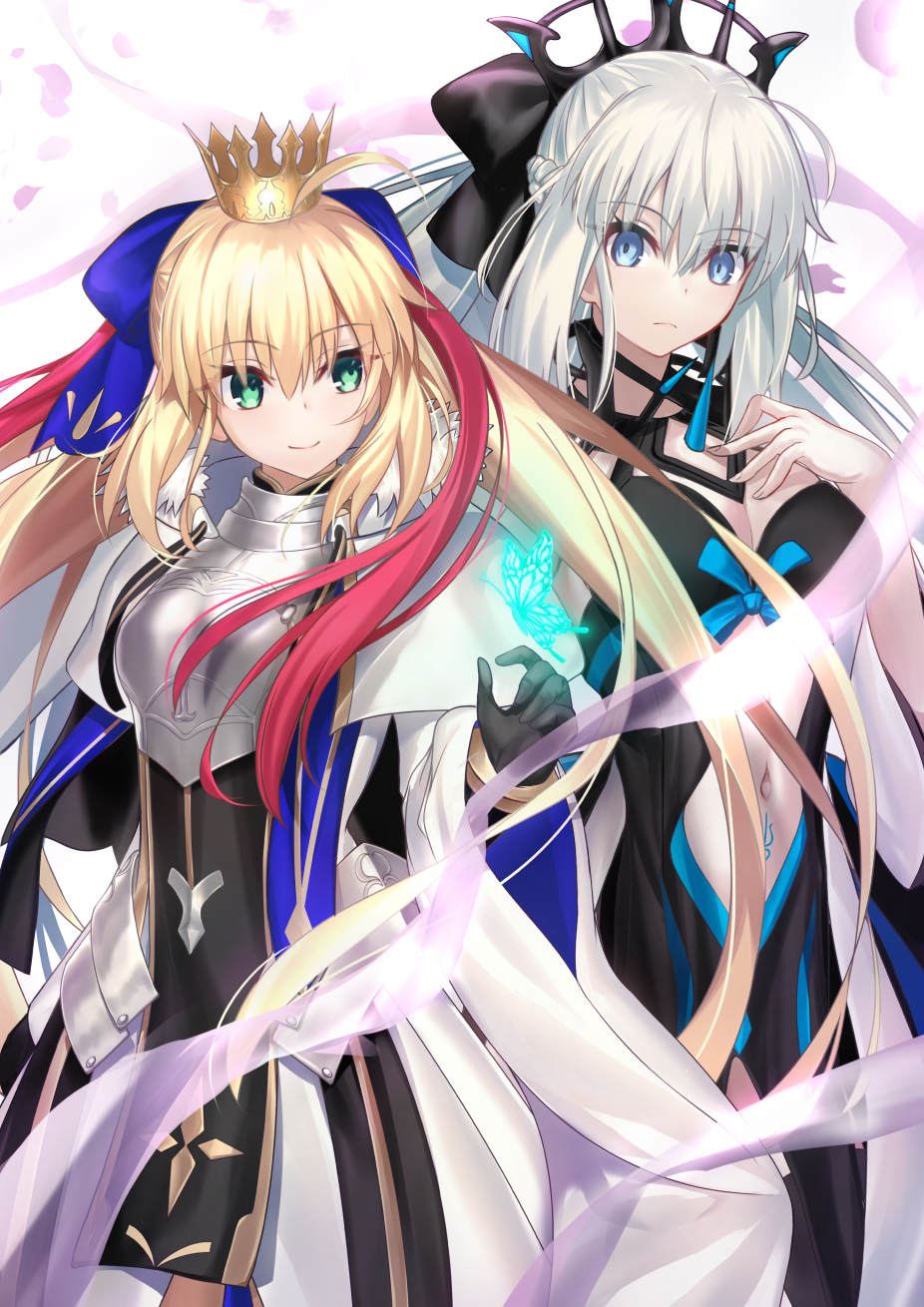 2girls ahoge armor armored_dress artoria_caster_(fate) artoria_caster_(third_ascension)_(fate) artoria_pendragon_(fate) black_bow black_dress blonde_hair blue_eyes bow braid center_opening clothing_cutout commentary_request crown diamond_hairband dress facial_mark fate/grand_order fate_(series) forehead_mark green_eyes half_up_braid highres holding holding_staff marmyadose_(fate) morgan_le_fay_(fate) multiple_girls neko_daruma smile staff stomach_cutout stomach_tattoo tattoo two-tone_dress white_hair