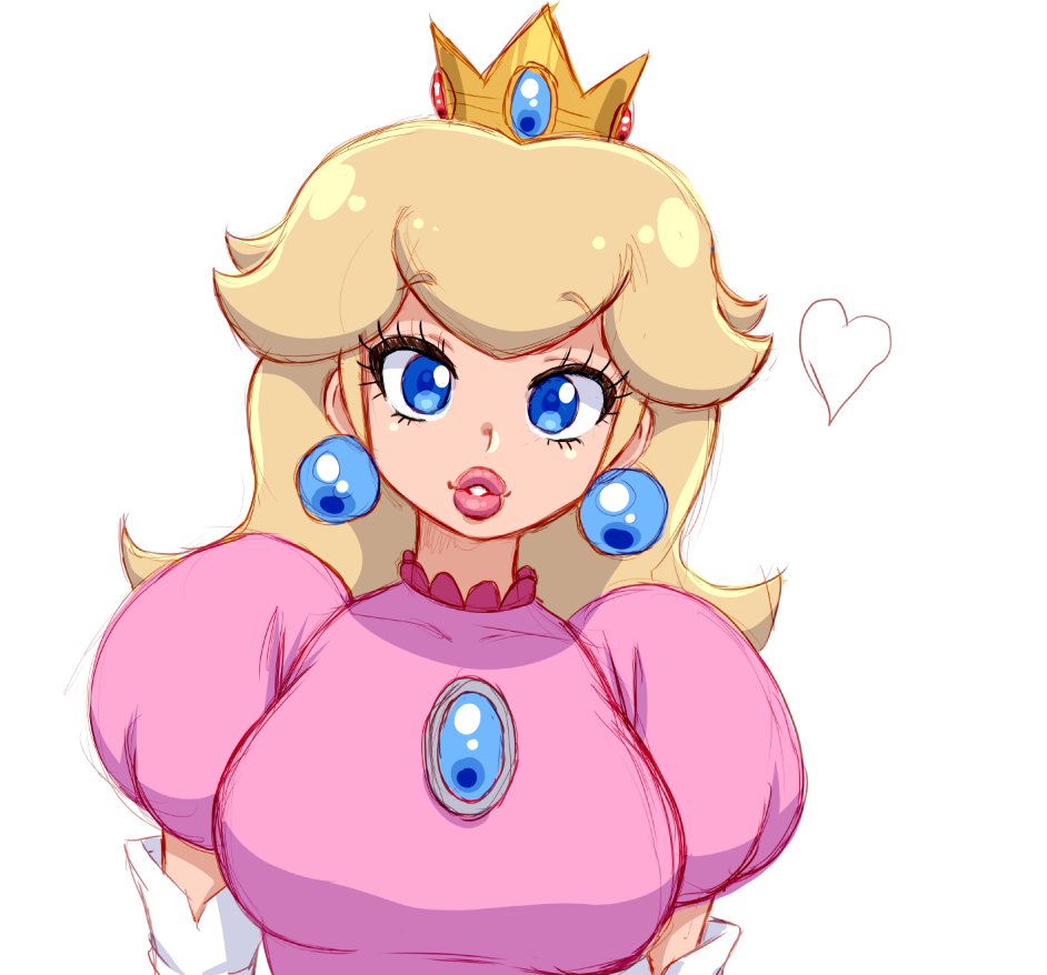 1girl blue_eyes breasts brooch crown dress earrings elbow_gloves eyelashes gloves heart jewelry large_breasts long_hair looking_at_viewer mario_(series) nintendo parted_lips pink_dress platinum_blonde_hair princess princess_peach puffy_short_sleeves puffy_sleeves short_sleeves simmsy simple_background smile solo super_mario_bros._1 thick_lips upper_body white_background white_gloves