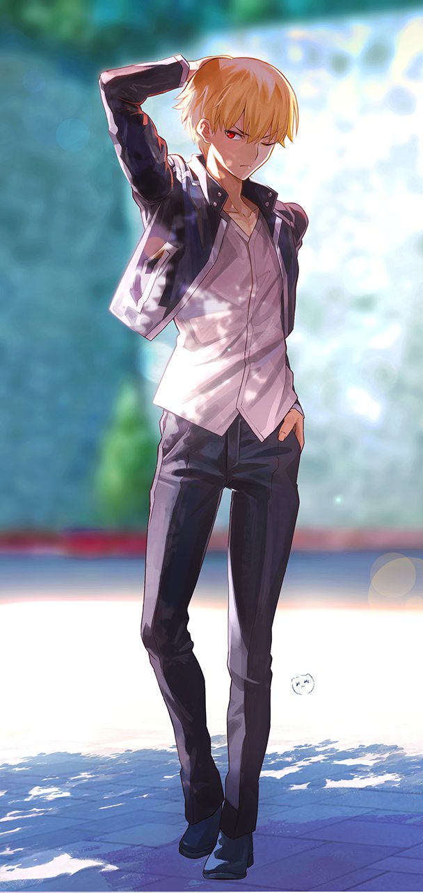1boy aora black_jacket blonde_hair casual fate/stay_night fate/unlimited_blade_works fate_(series) full_body gilgamesh_(fate) gilgamesh_(immoral_biker_jacket)_(fate) highres jacket long_sleeves male_focus official_alternate_costume one_eye_closed pants red_eyes shirt short_hair solo