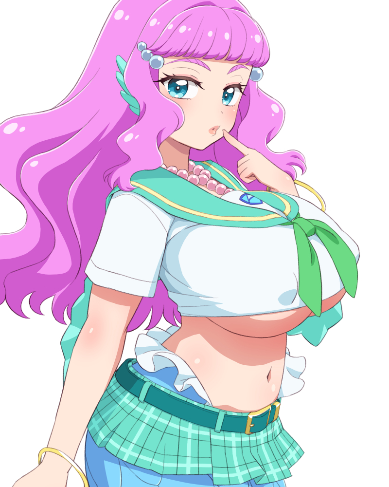 1girl alternate_breast_size aqua_sailor_collar arm_at_side bead_necklace beads belt blue_eyes blunt_bangs breasts covered_erect_nipples cowboy_shot crop_top eyelashes finger_to_mouth fins from_side green_belt green_neckerchief green_skirt hair_bobbles hair_ornament hand_to_own_mouth hand_up huge_breasts index_finger_raised jewelry laura_(precure) lips long_hair looking_at_viewer looking_to_the_side mermaid midriff miniskirt monster_girl navel neckerchief necklace parted_lips pink_hair plaid_clothes plaid_skirt pleated_skirt precure purple_hair sailor_collar school_uniform serafuku shirt short_sleeves sidelocks sideways_glance simple_background skirt solo tropical-rouge!_precure umi_no_tarako underboob wavy_hair white_background white_shirt bracelet