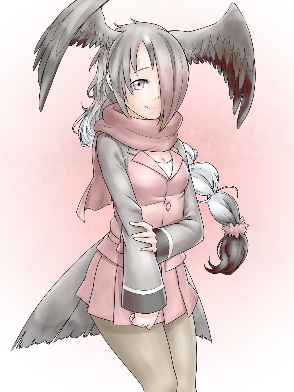10s 1girl black_hair blonde_hair braid breasts cleavage cowboy_shot feathered_wings feathers female_focus grey_eyes hair_over_one_eye head_wings highres kemono_friends long_hair losmal_indicus miniskirt multicolored_hair pantyhose pink-backed_pelican_(kemono_friends) pink_hair pleated_skirt scarf skirt solo upper_body white_hair wings