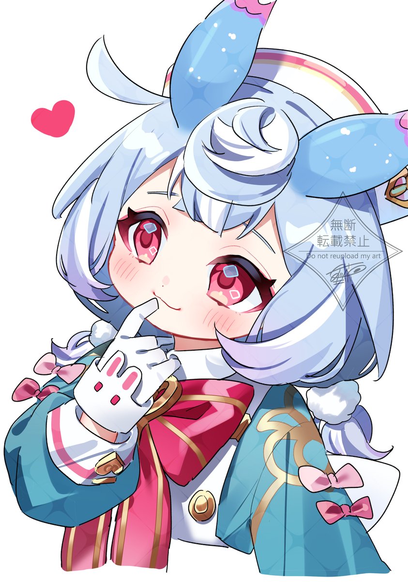 1girl animal_ears aqua_shirt artist_name blue_hair blush bow bowtie brooch buttons closed_mouth commentary_request crossed_bangs finger_to_mouth genshin_impact gloves gradient_hair hair_ornament hand_up hat head_tilt heart highres index_finger_raised jewelry long_sleeves low_twintails meda_cha medium_hair multicolored_hair nurse_cap pink_bow pom_pom_(clothes) pom_pom_hair_ornament puffy_long_sleeves puffy_sleeves purple_hair red_bow red_bowtie red_eyes shirt sidelocks sigewinne_(genshin_impact) signature simple_background smile solo twintails upper_body watermark white_background white_gloves white_hat