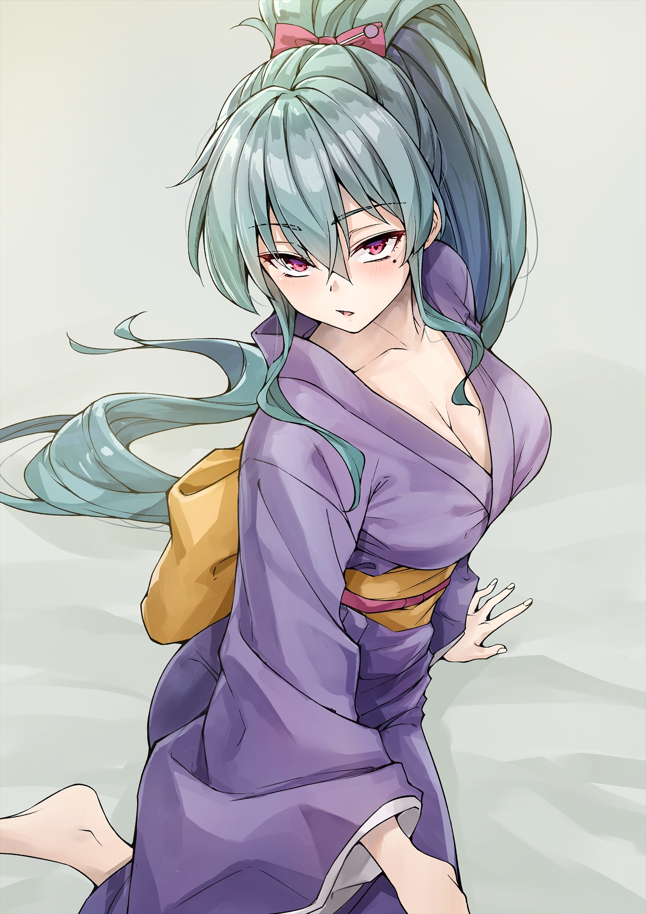 1girl aqua_hair arm_support barefoot bow breasts brown_sash cleavage hair_between_eyes hair_bow high_ponytail highres japan japanese_clothes kimono koyuki_(kotatsu358) large_breasts long_hair looking_at_viewer mole mole_under_eye momochi_ayame_(neet_kunoichi) neet_de_otaku_na_kunoichi_to_naze_ka_dousei_hajimemashita obi official_art open_mouth ponytail purple_eyes purple_kimono red_bow sash sitting solo very_long_hair wide_sleeves