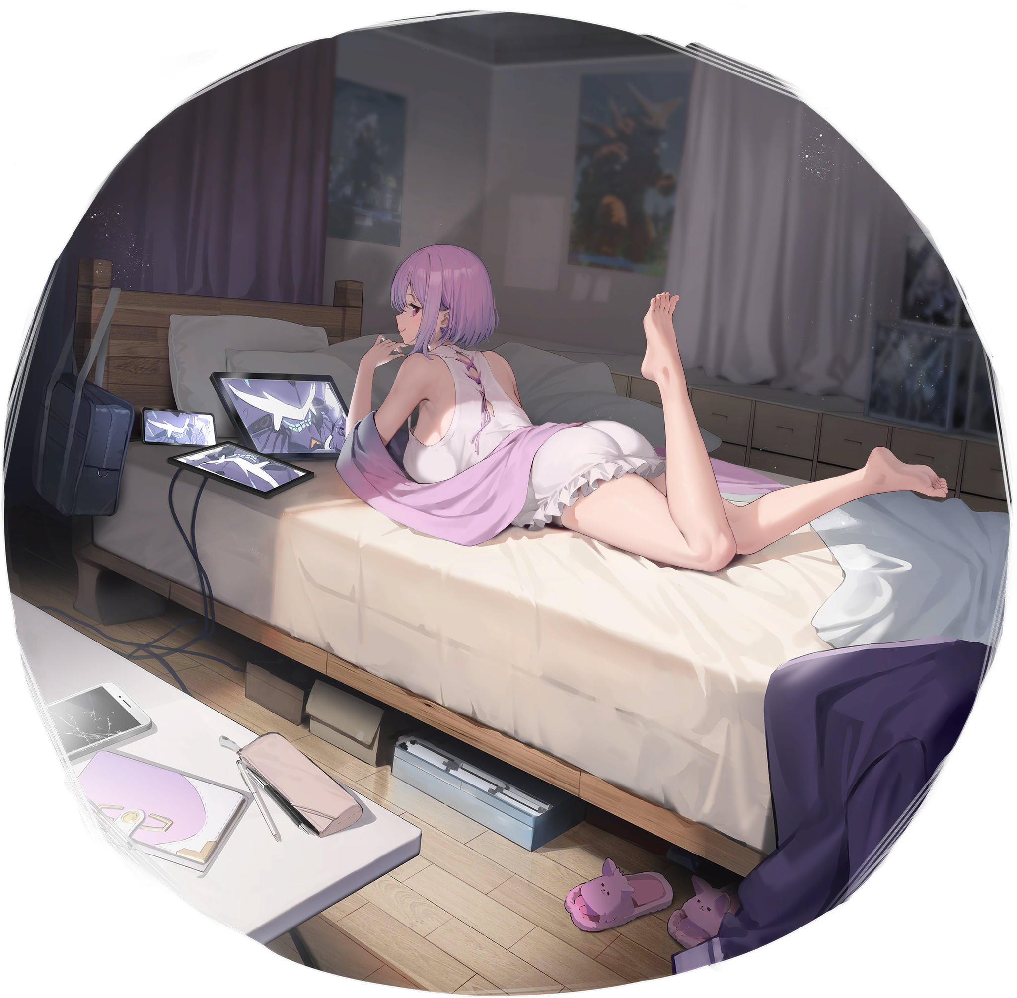 1girl alexis_kerib artist_request ass azur_lane bare_legs bare_shoulders barefoot blush breasts cracked_phone feet feet_up from_behind from_side full_body gridman_universe gridman_universe_(movie) highres indoors kurumi_(recycllamo) large_breasts legs light_purple_hair looking_at_viewer looking_back lying official_alternate_costume official_art on_bed on_stomach pencil_case pillow poster_(object) red_eyes shinjou_akane shinjou_akane_(room_of_secrets) smile soles solo ssss.gridman tablet_pc the_pose thighs toes