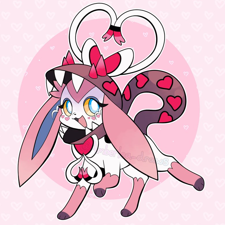 :d amberlea animal_focus animal_hands blue_eyes bow bright_pupils colored_sclera enamorus farigiraf full_body fusion gen_6_pokemon heart looking_at_viewer nintendo no_humans open_mouth pink_background pink_fur pokemon pokemon_(creature) ribbon simple_background smile solo standing sylveon two-tone_fur white_fur white_pupils yellow_sclera